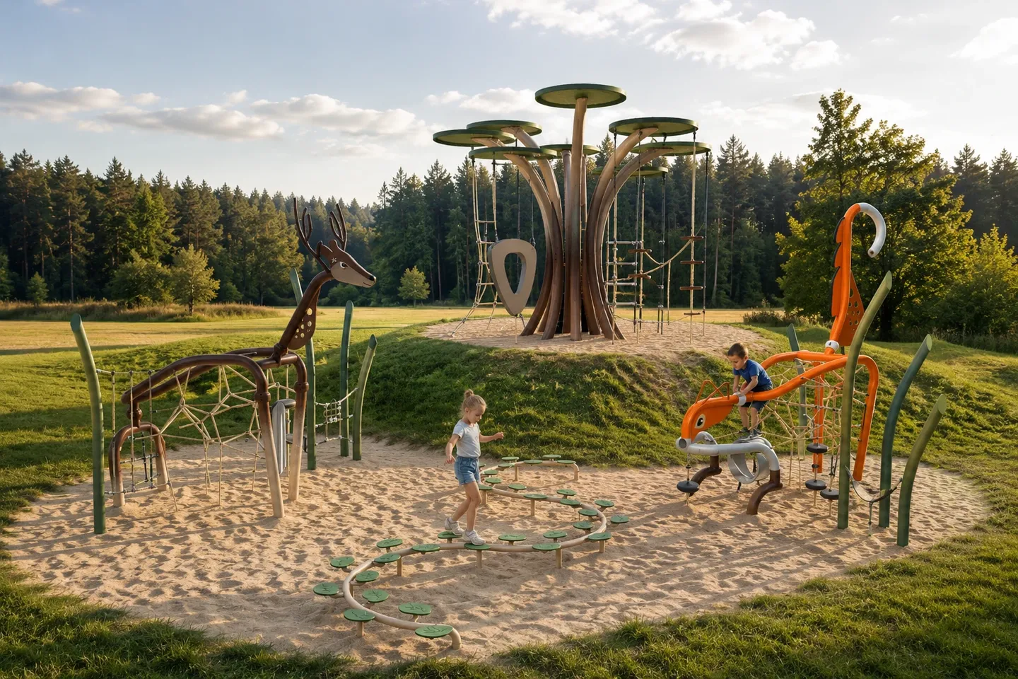 Concept illustration of a timber play tower in a green setting